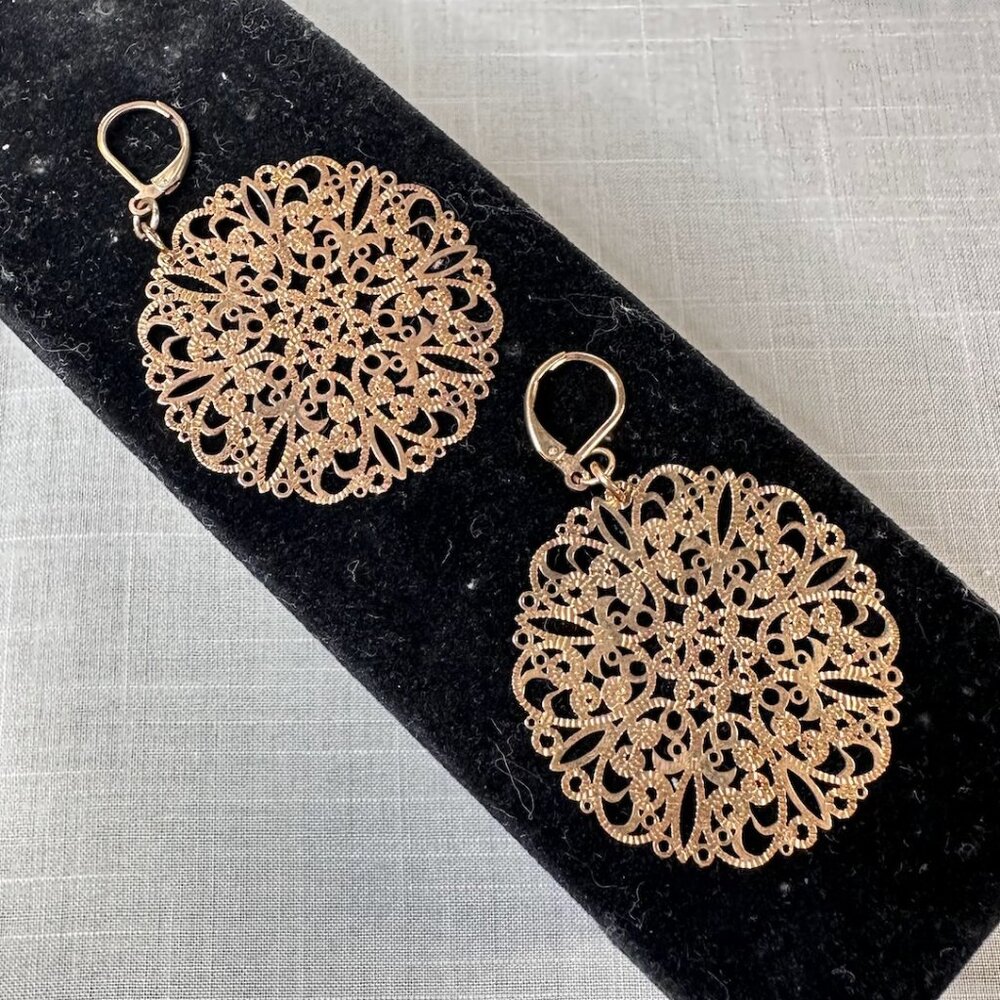 Boho Copper Tone Large Filigree Medallion Earrings
